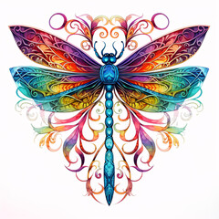 Colorful illustrated dragonfly motif with filigree.
