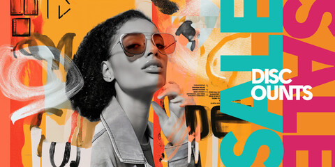 Trendy discounts banner with a woman in sunglasses and artistic abstract background.
