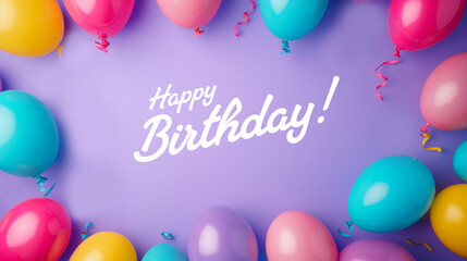 Birthday. Bright balloons with festive ribbons and a "Happy Birthday!" message on purple.
