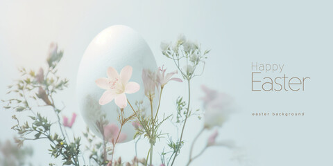 Happy Easter. Soft-focus Easter setting with a white egg amidst delicate pink flowers and "Happy Easter" text.