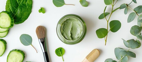 Top view of a jar of cool moisturizing face mask with brush, eucalyptus leaves, cucumber slices on a white table.