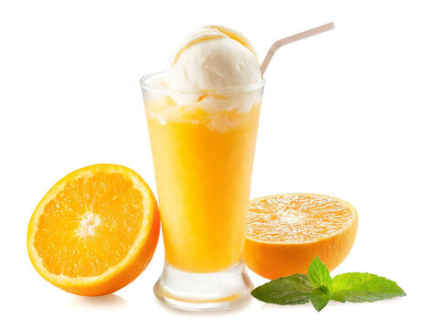 Orangensaft mit Vanilleeis isoliert auf wei&szlig;em Hintergrund, Freisteller 