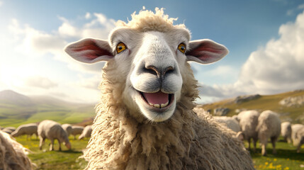 Laughing sheep. Domestic sheep portrait with open mouth on the pasture. Funny animal photo - obrazy, fototapety, plakaty