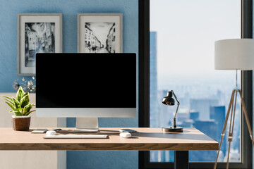 frontal view on modern clean pc workplace; black monitor with copy space; minimalist office background with panoramic view on big city skyline; digital home office concept; 3D rendering