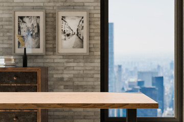 frontal view on empty clean wooden desk workplace; minimalist office background with panoramic view on big city skyline; digital home office concept; 3D rendering