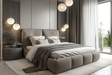 Comfortable modern bed with elegant decoration in a modern bedroom in gray color