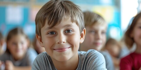 A smiling cute child boy in a school with students studying in the classroom on the background - obrazy, fototapety, plakaty