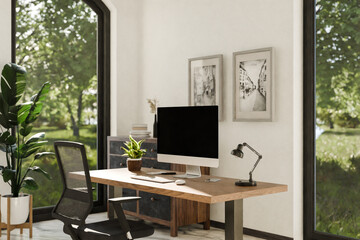 view from angle on modern clean pc workplace; black monitor with copy space; minimalist office background with panoramic view on idyllic garden; digital home office concept; 3D rendering
