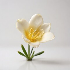Obraz premium Elegant Freesia Flower in Full Bloom, Creamy White Petals with Yellow Center, Isolated on a White Background