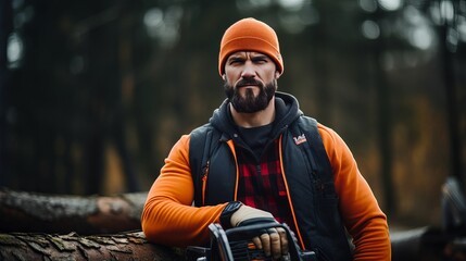 A picture of a lumberjack who is dressed in protective gear and holding a chainsaw - obrazy, fototapety, plakaty
