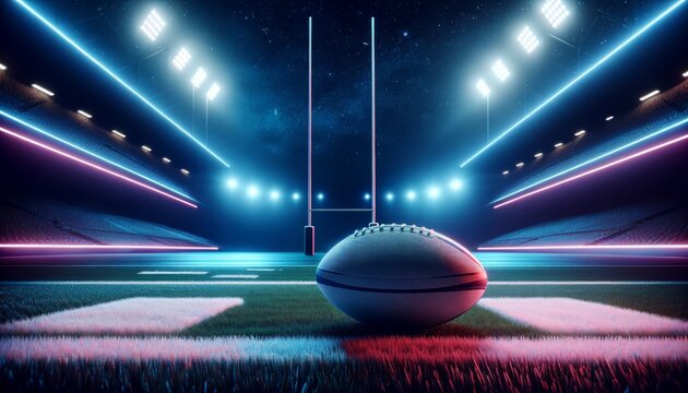 Neon rugby ball on a stadium field with dynamic red and blue lighting effects at night, symbolizing energy and motion.