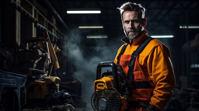 A picture of a lumberjack who is dressed in protective gear and holding a chainsaw