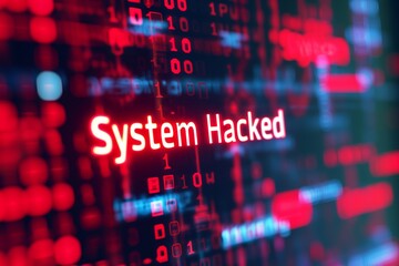 a digital display showing abstract code and a malicious cyber attack warning that reads "System Hacked" in bright text 