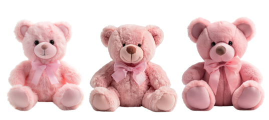 Set of 3 pink teddy bears with bows on a transparent background