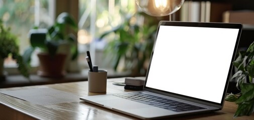 Digital flat laptop monitor on white table blank screen