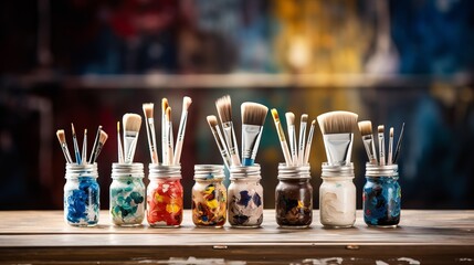 Apply oil paints with brush and tubes on a wooden table.