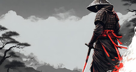 Ninja background illustration, There is a man in a samurai outfit standing, Depiction of samurai.