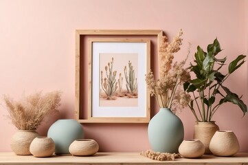 Empty wooden picture frame mockup hanging on pastel wall