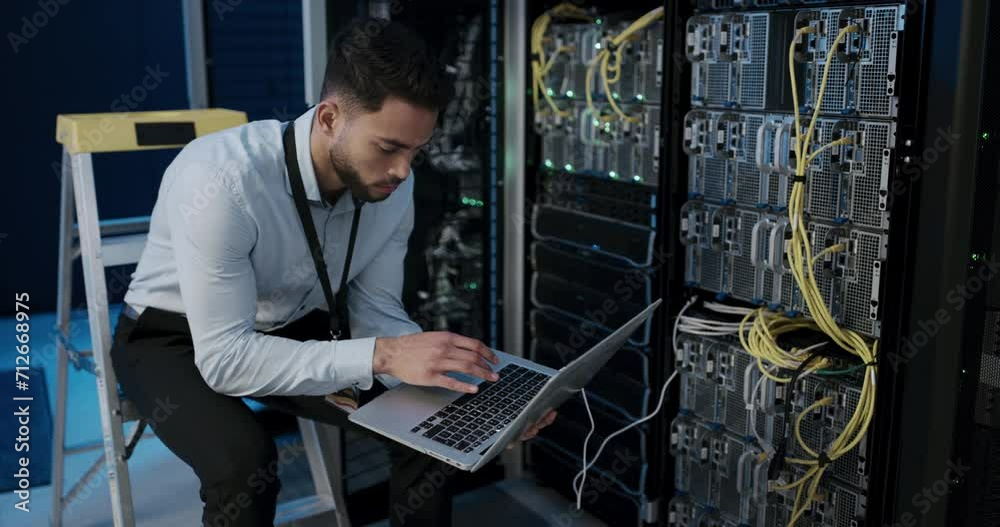 Aufkleber Technician, server room and computer with cables connection for system maintenance, hardware or software backup. Man or programmer typing on laptop for engineering, repair and coding in a data center