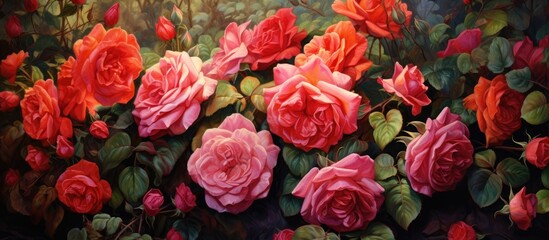 Blooming summer garden with red roses on a carpet.