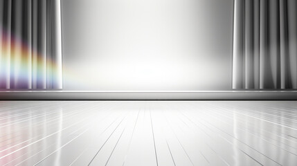 Minimal empty black and white 3d room background with natural shadows. Modern Studio showcase with rainbow caustic effect, crystal reflections. Stage with magic disco spotlights , Generate AI