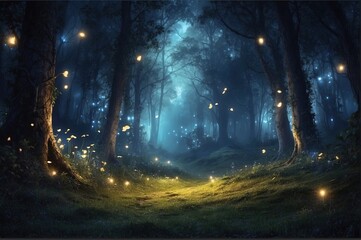 Forest with glowing light, fantsy at night