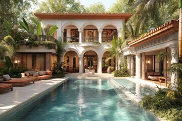 Mediterranean villa with swimming pool. Expensive two-story house with traditional exterior