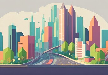 Vector illustration in simple minimal geometric flat style - city landscape with buildings, hills and trees - abstract horizontal banner and background with copy space for text - header images for web