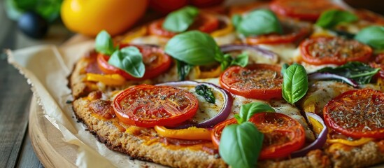 Nutritious vegan pizza with whole grain crust and veggies