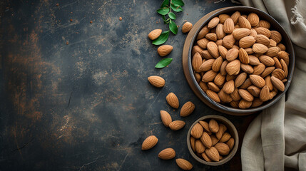 Obraz na płótnie Canvas Almonds in a bowl on a rustic blue wooden surface. Banner with almond nuts featuring lots of copy space, ideal for showcasing this nutritious and delicious superfood snack.