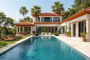 Mediterranean villa with swimming pool. Expensive two-story house with traditional exterior - obrazy, fototapety, plakaty
