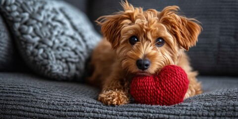 A cute little dog with a heart in its paws sits on the sofa and radiates warmth, happiness and...
