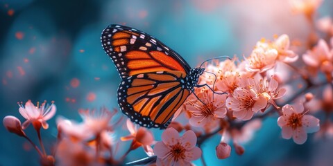 A colorful monarch butterfly feeding on a flower in a summer garden displays the colorful and...