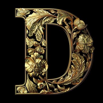 capital letter D, golden letter on black background, generative ai