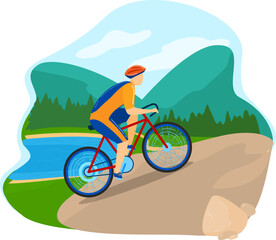 Cyclist in helmet rides along a mountain trail near a river. Outdoor sports and leisure cycling scene. Enjoy nature and exercise vector illustration.