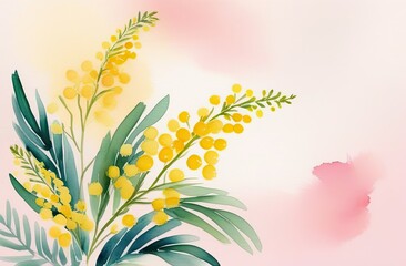 Fototapeta na wymiar Painted mimosa branch on pastel pink background, postcard