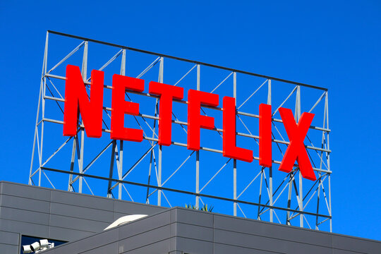 Hollywood (Los Angeles), California &ndash; October 5, 2023: NETFLIX signage in Hollywood on top of their corporate office building