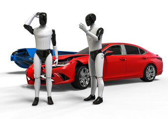 3D render image representing Ai driving cars and causing a collision between them. Insurance problem with autopilot
