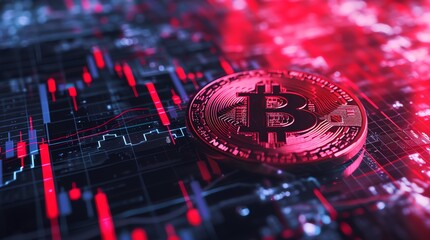 Bitcoin coins on a tech circuit

