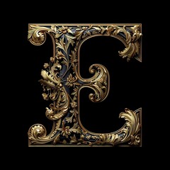 capital letter E, golden letter on black background, generative ai