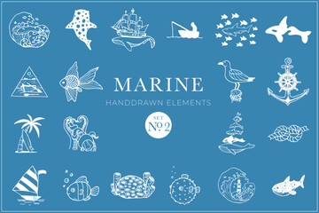 Marine elements collection, sea drawings, ocean, illustrations, doodles, tattoo, handdrawn, set, pack
