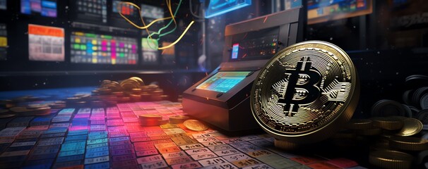 Bitcoin coins with a tech circuit background