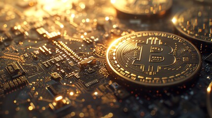 Bitcoin coins on a tech circuit - obrazy, fototapety, plakaty