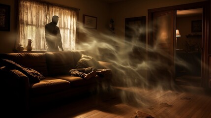 A spooky situation where a man is floating in an indoor space.