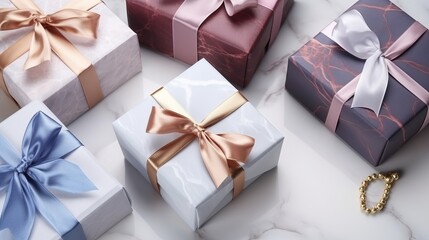 A view of the top of a white marble gift box with multiple wrapped presents and a package of various presents.