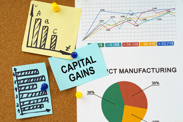 Reporting graphs and diagrams are hung on the board, a sticker with the inscription - Capital gains