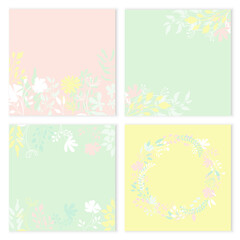 Floral backgrounds. Four square floral backgrounds in yellow, pink and green. Delicate flat botanical pattern. Postcard, holiday invitation, social media poster. Nature in your design.  