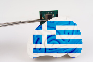 On a white background, a model of the brain with a picture of a flag - Greece, a microcircuit, a processor, is implanted into it.
