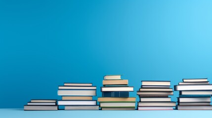 Stack of books on blue background