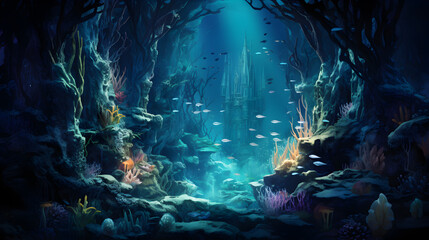 Fototapeta na wymiar Underwater game background deep ocean,, Navigating the Deep Ocean Depths in an Underwater Game